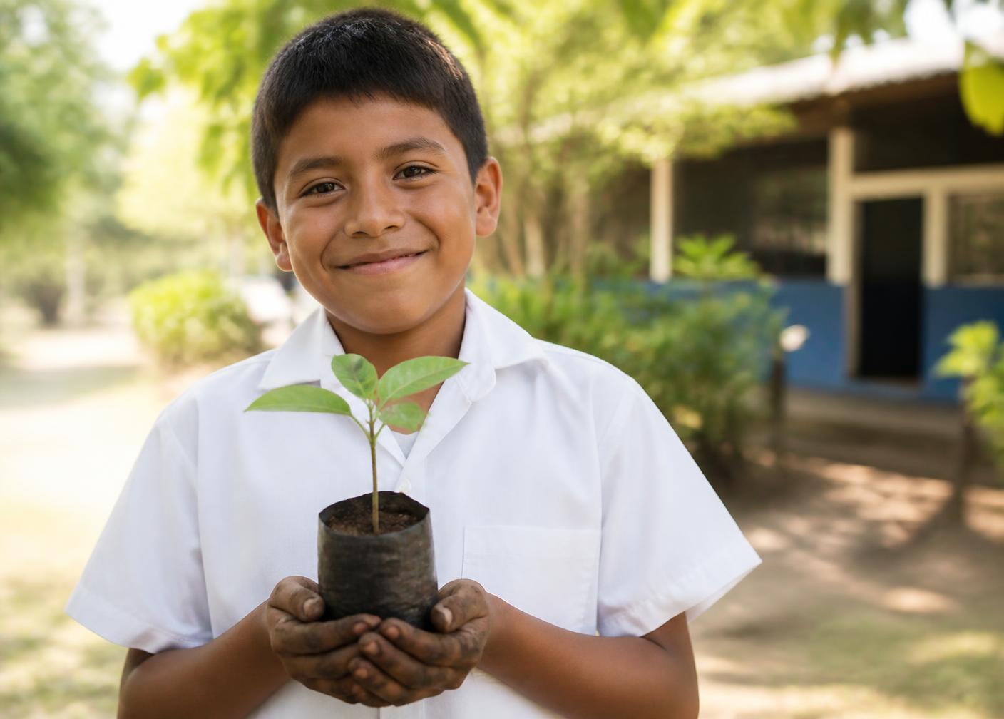 A Salvadoran schoolboy smiling as he holds a young tree seedling in his hands