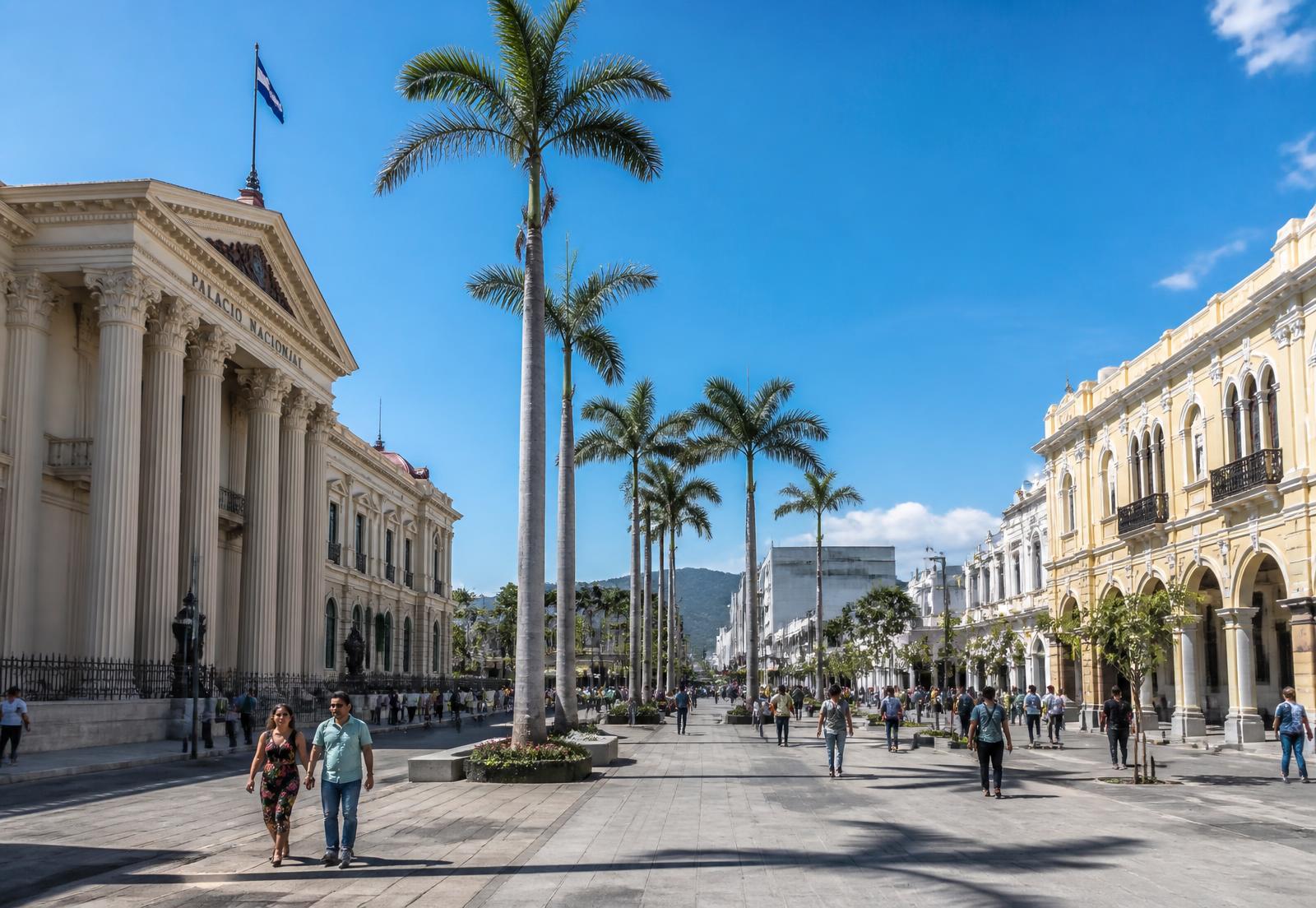 The restored Centro Histórico of San Salvador with its clean pedestrian plaza and the National Palace