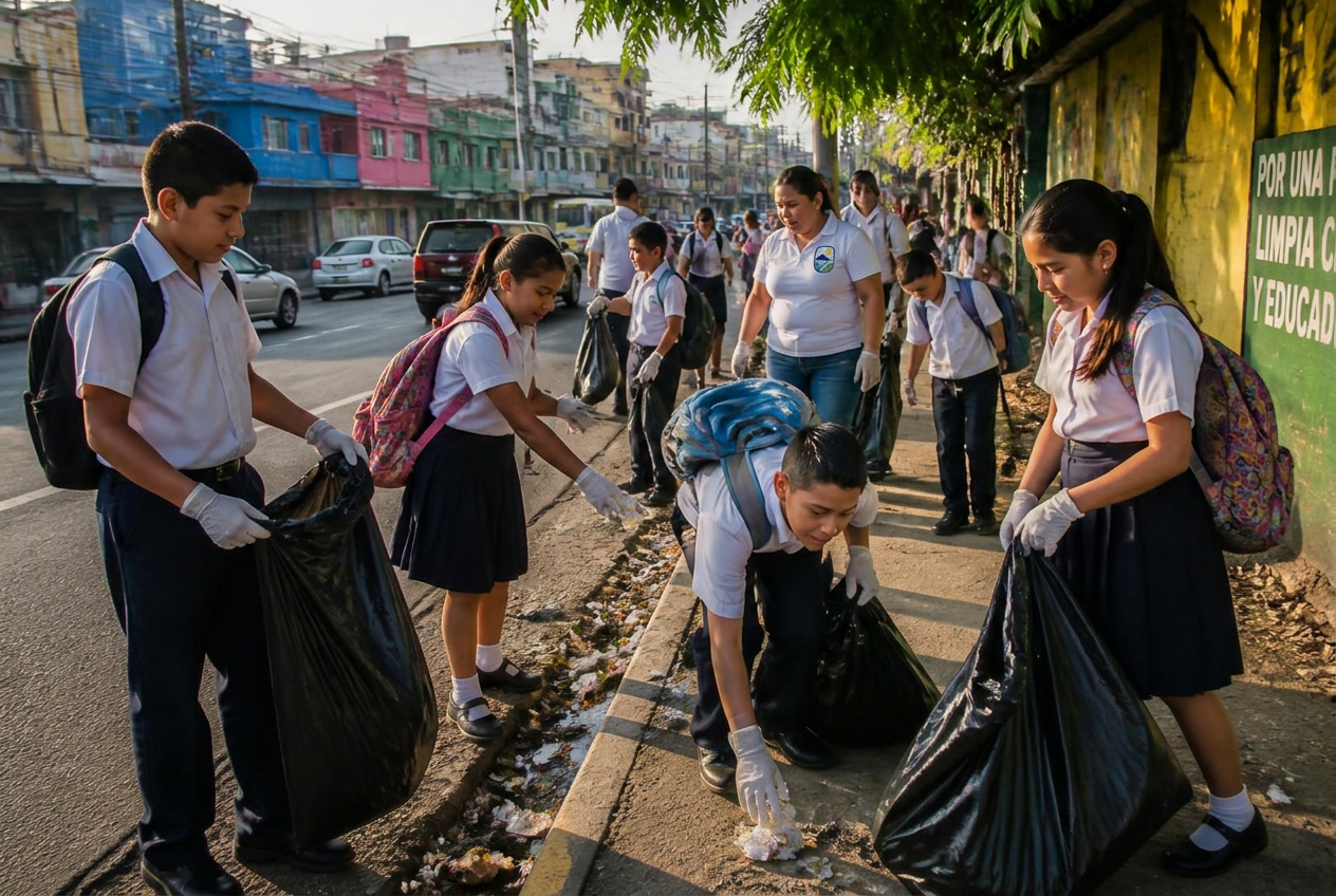 Students cleaning a street in San Salvador