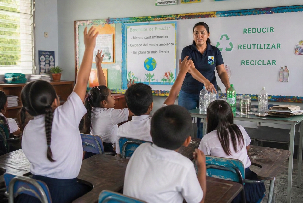 Salvadoran schoolchildren raising their hands during a recycling lesson