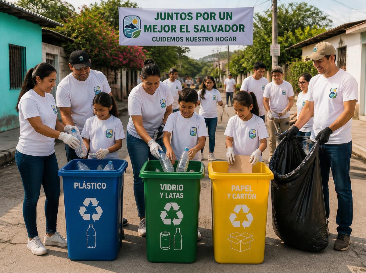 Children and volunteers in CLEAN El Salvador shirts sorting recyclables into colour-coded bins on a neighbourhood street
