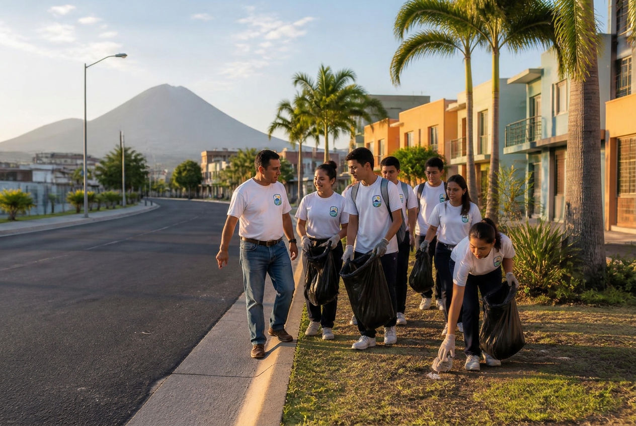 Salvadoran students and their teacher collecting litter along a San Salvador street with a volcano behind them