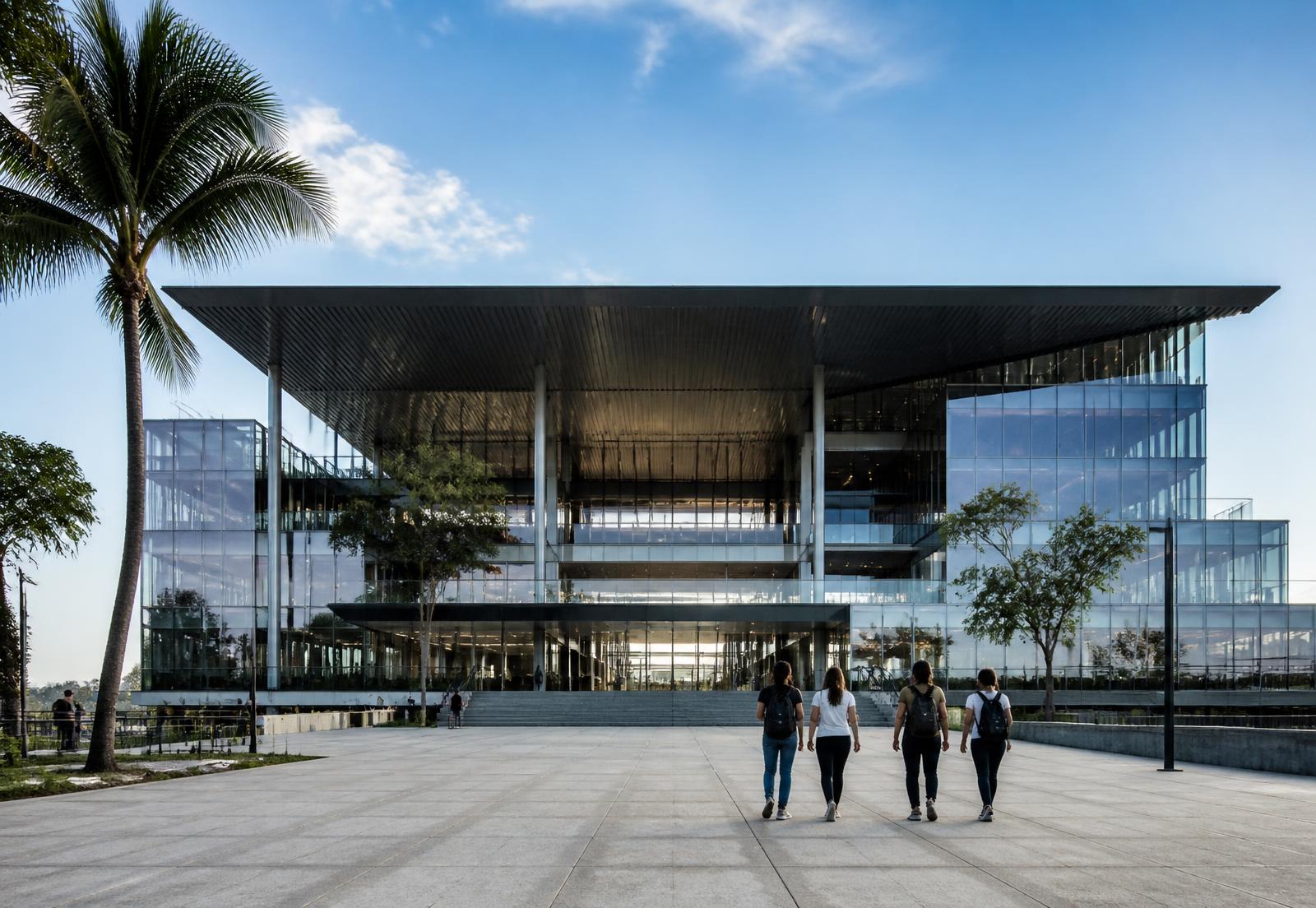 The modern national library in San Salvador with students walking across its plaza