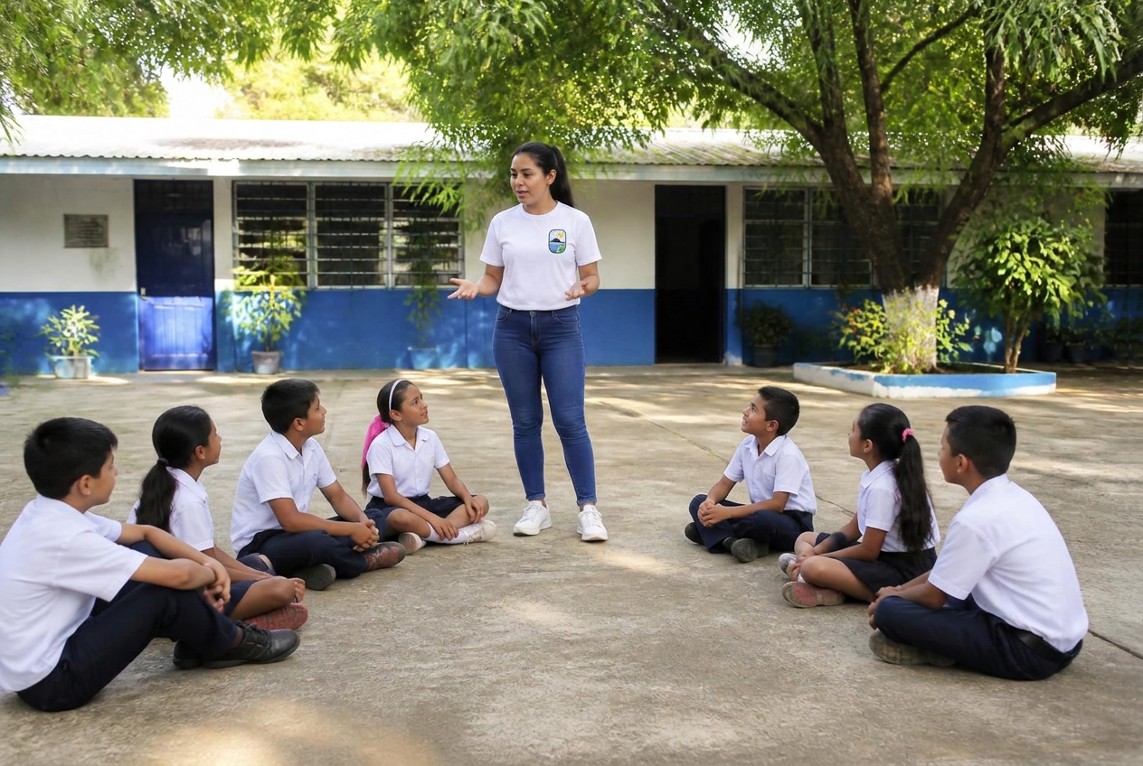 A teacher in a CLEAN El Salvador shirt talking with a circle of primary school students in a Salvadoran schoolyard