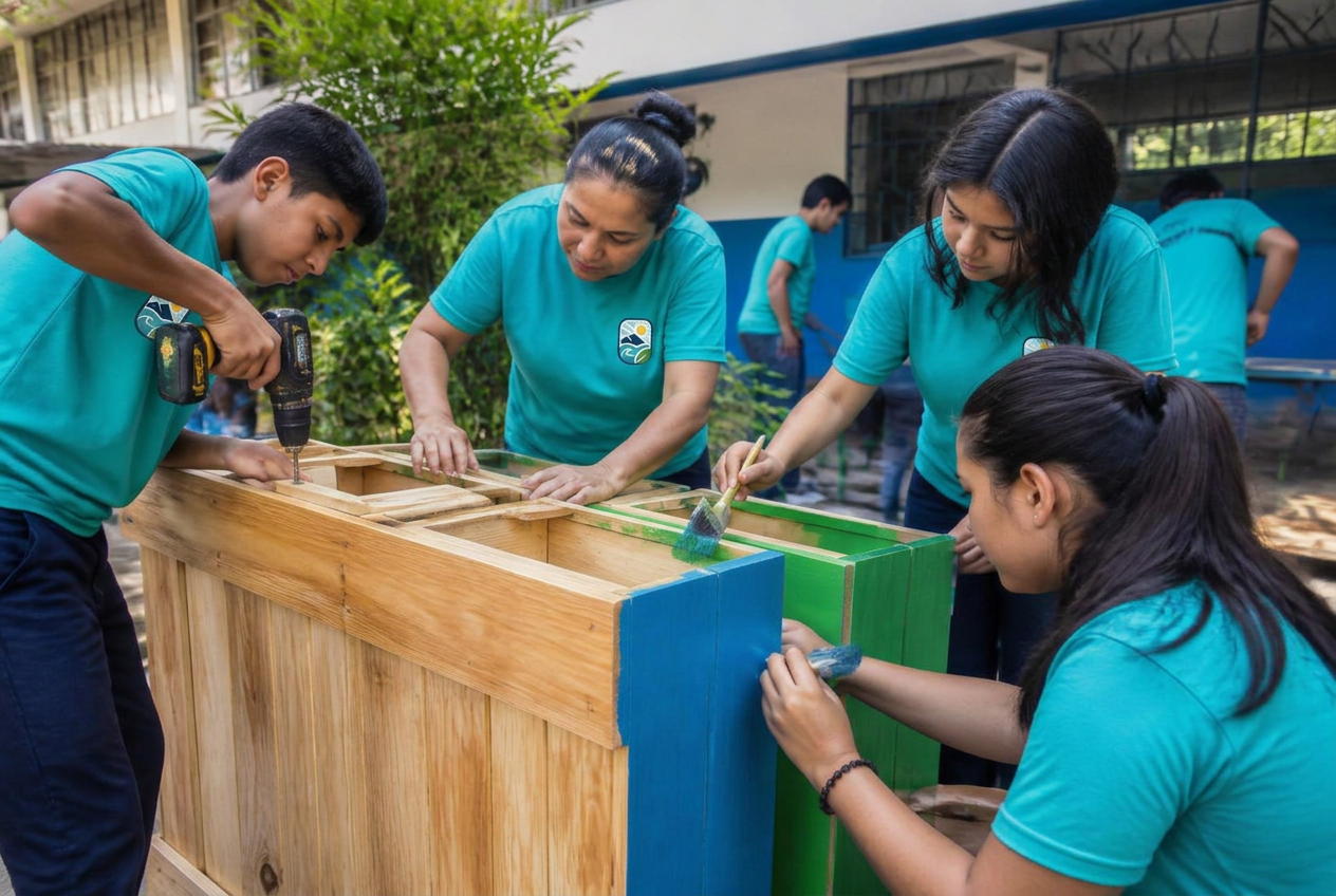 Students and volunteers building and painting a wooden recycling station in a school courtyard