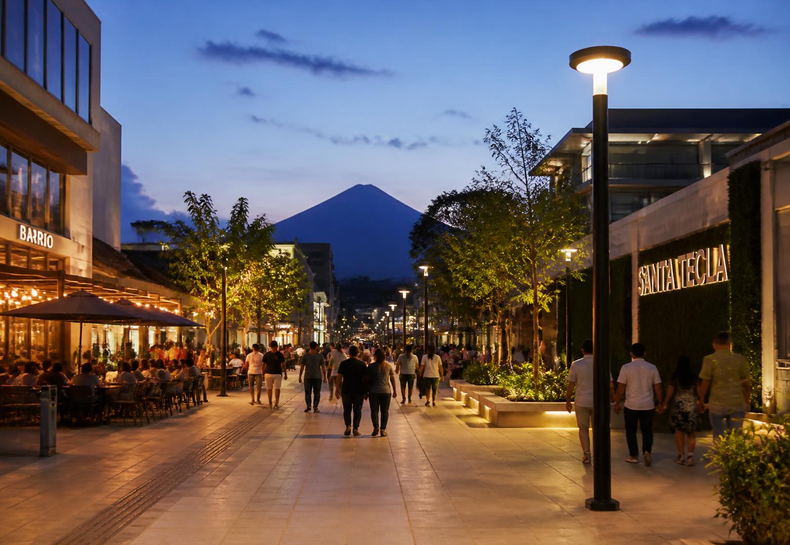 A bright new pedestrian plaza in Santa Tecla at dusk with a volcano in the distance
