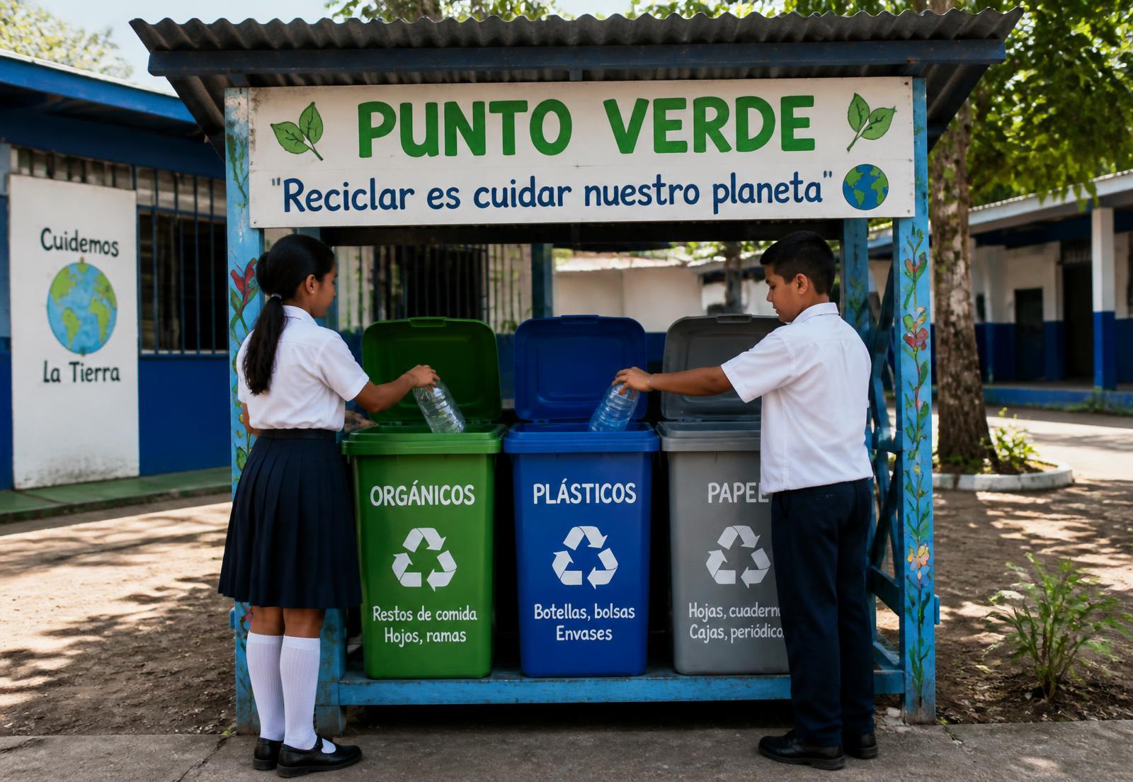 A permanent school recycling point with colour-coded bins where two Salvadoran students sort bottles