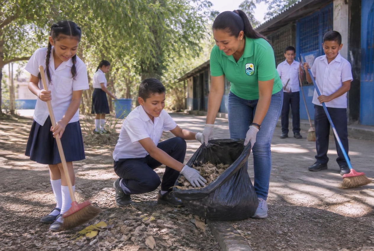 Salvadoran students leading an environmental assembly at their school