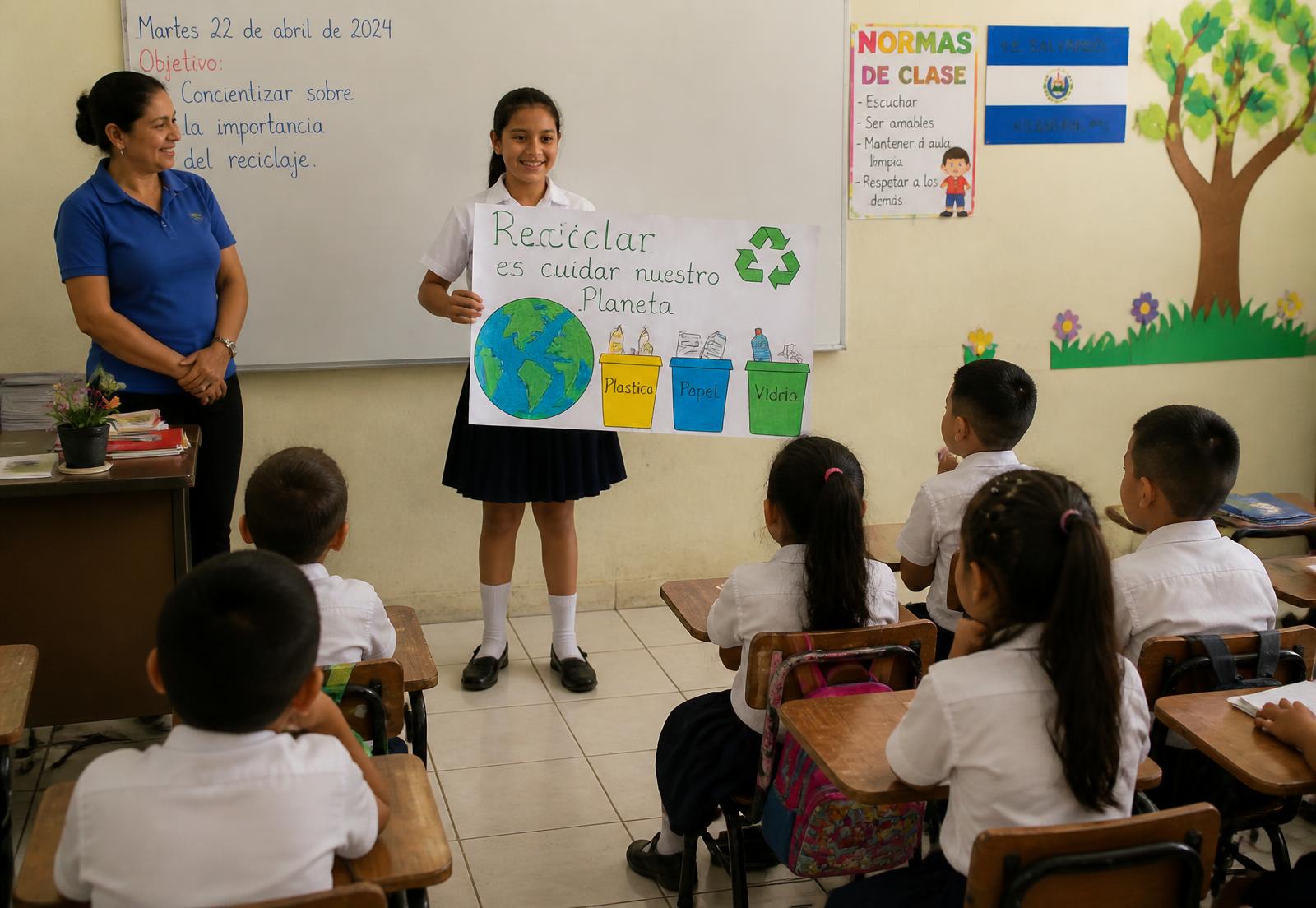 A Salvadoran schoolgirl presenting a hand-made recycling poster to her classmates