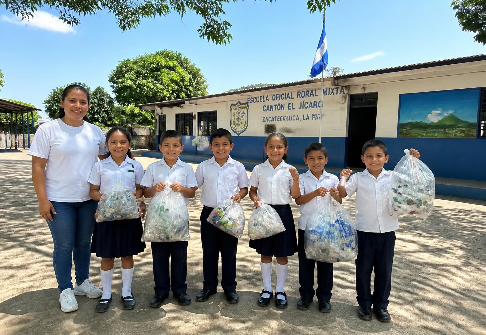 Salvadoran primary students and their teacher holding bags of plastic bottles collected in their schoolyard