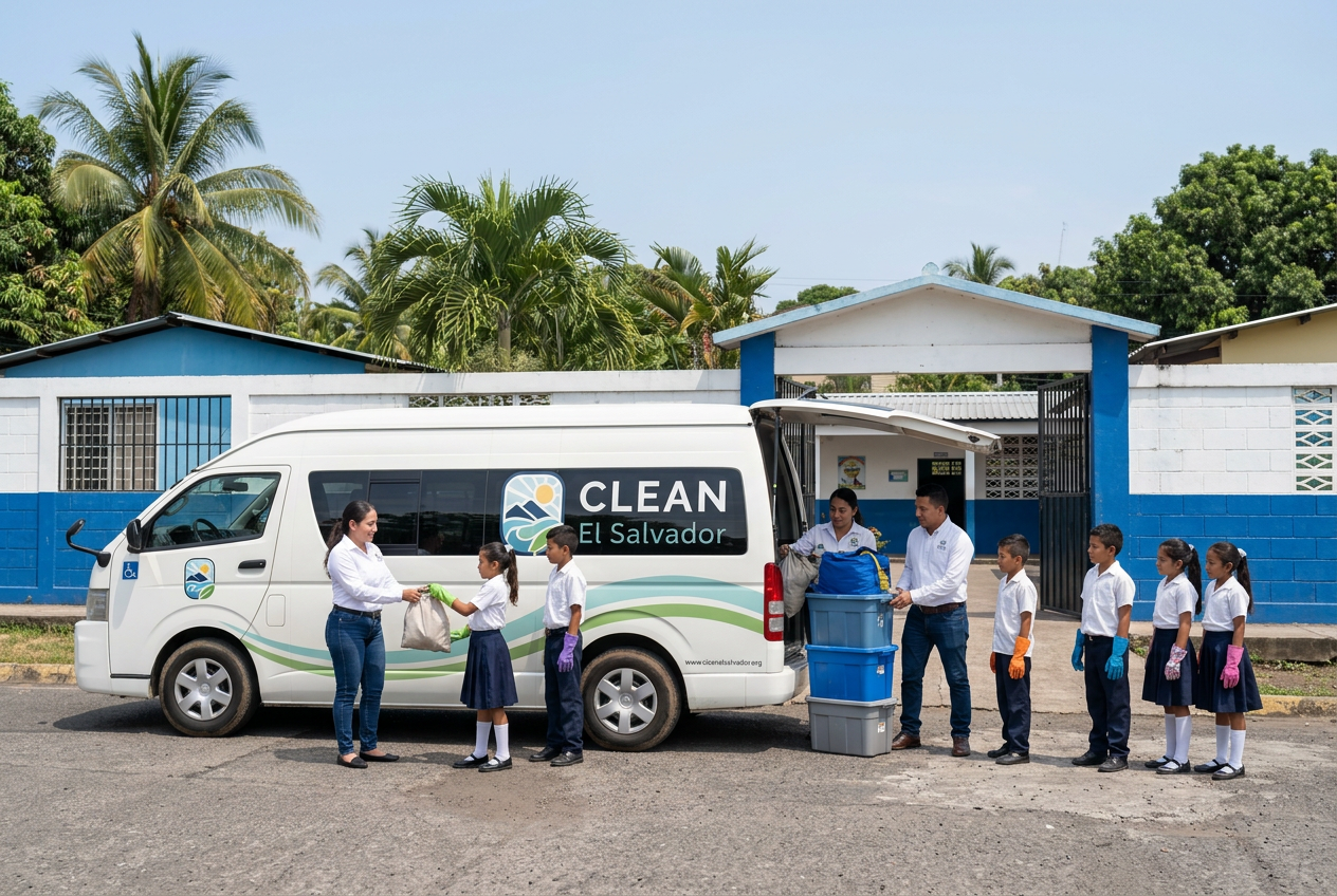 The branded CLEAN El Salvador van parked outside a Salvadoran primary school while the team and students unload bins, bags and gloves