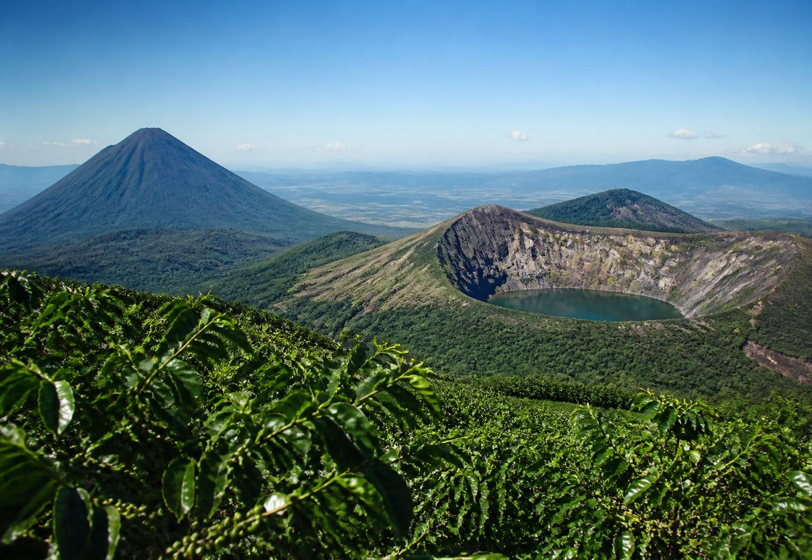 Volcanoes and green coffee slopes in El Salvador, the land of volcanoes